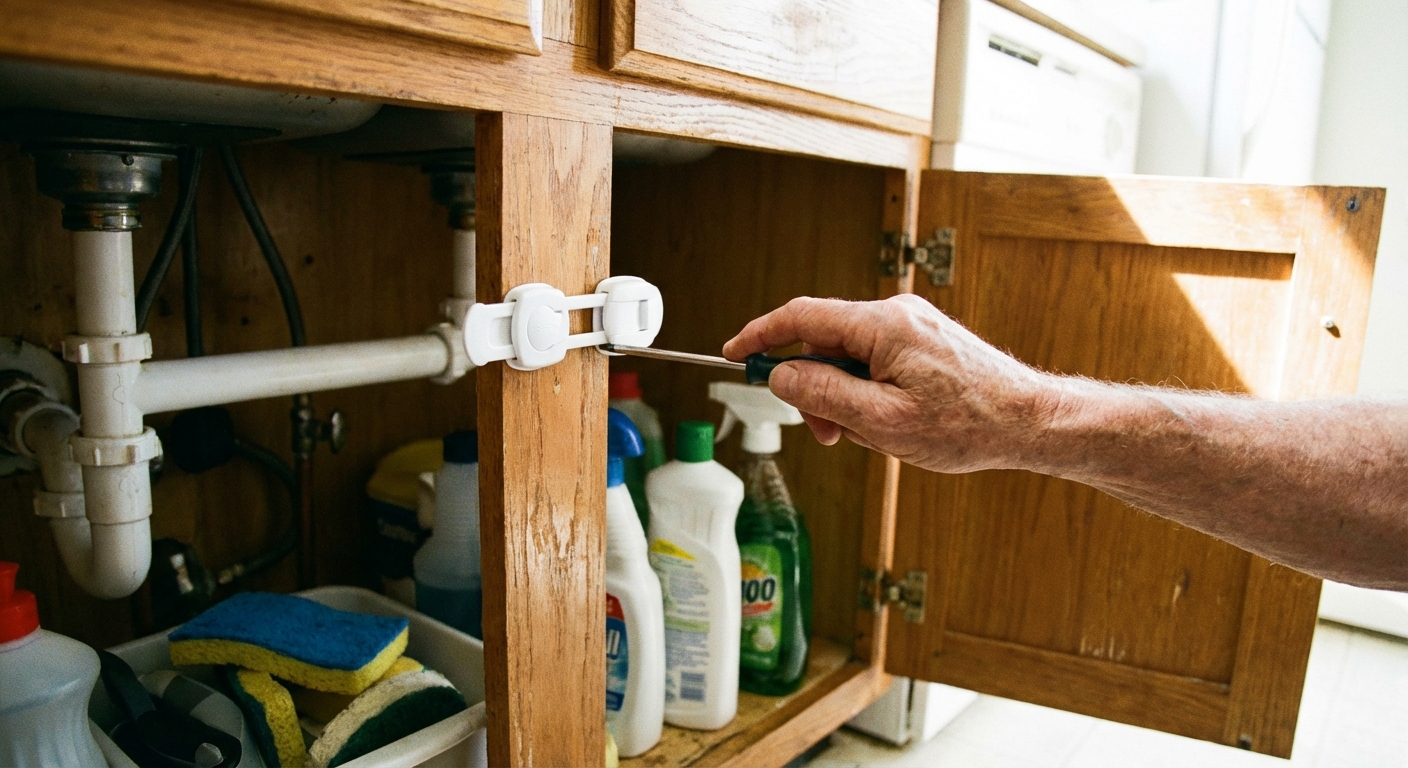 A real photograph of an adult hand installing a childproof latch inside a kitchen cabinet under a sink, bright natural light
