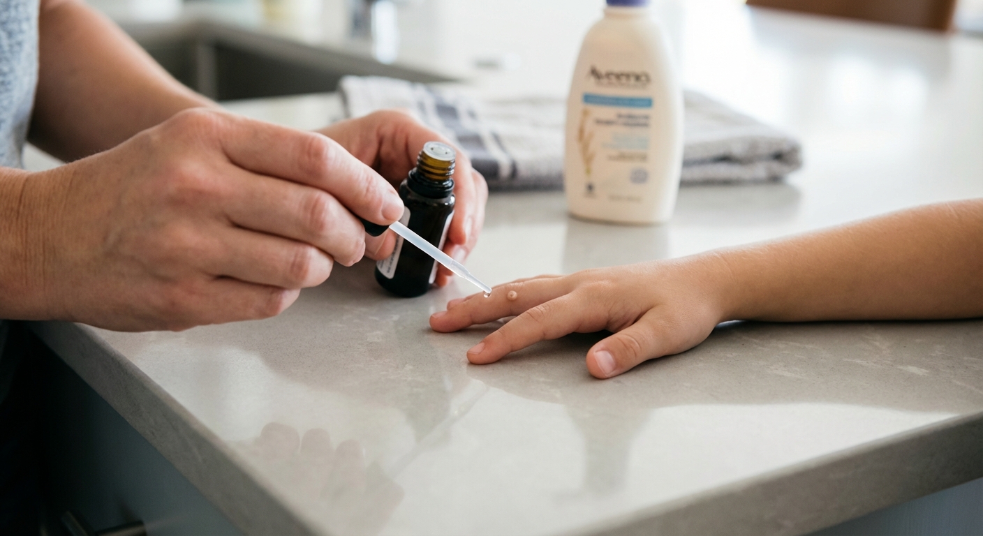 A real photograph of an adult’s hands applying a small amount of wart treatment liquid with an applicator to a child’s finger while the child’s hand rests on a clean countertop, soft indoor lighting