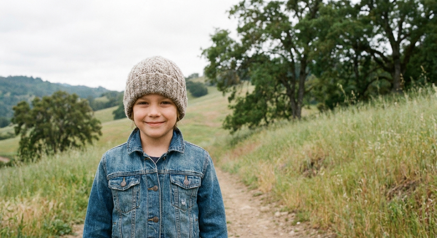 A real photograph of an elementary-age child wearing a soft knit beanie while standing outdoors in gentle daylight, looking calm and confident