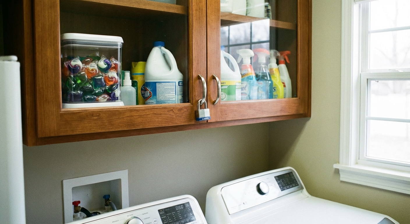 A real photograph of laundry detergent pods stored in a high locked cabinet in a laundry room, with cleaning supplies organized out of reach