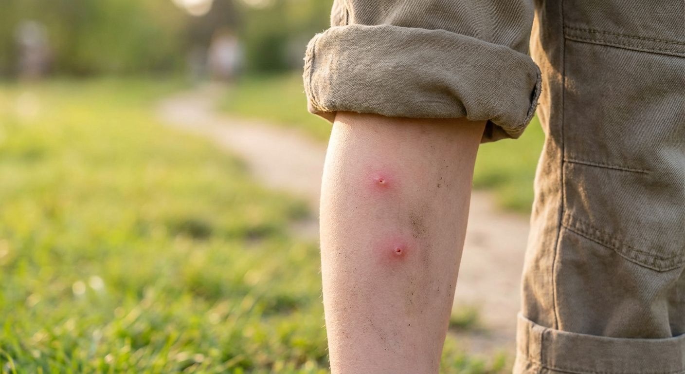 A realistic close-up photo of a child’s shin with two small mosquito bites, each slightly raised with faint redness, outdoor lighting