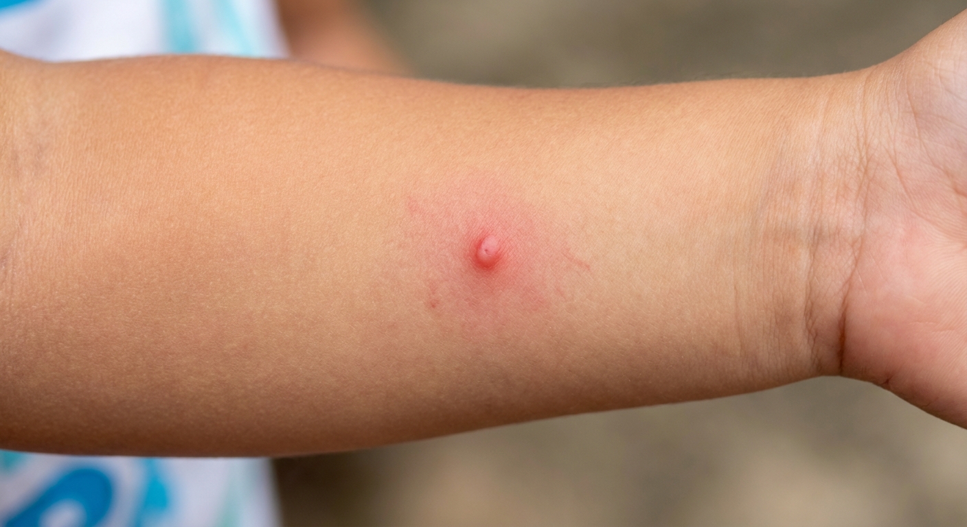 A realistic close-up photo of a single red raised bump on a child’s forearm with mild surrounding redness and no visible blistering
