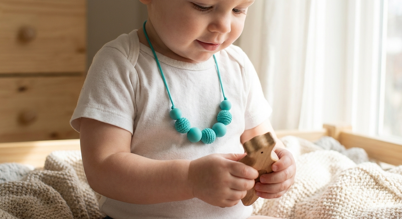 A realistic close-up photo of a toddler wearing a silicone chewy necklace and holding a small toy, indoors with soft daylight, natural lifestyle photography
