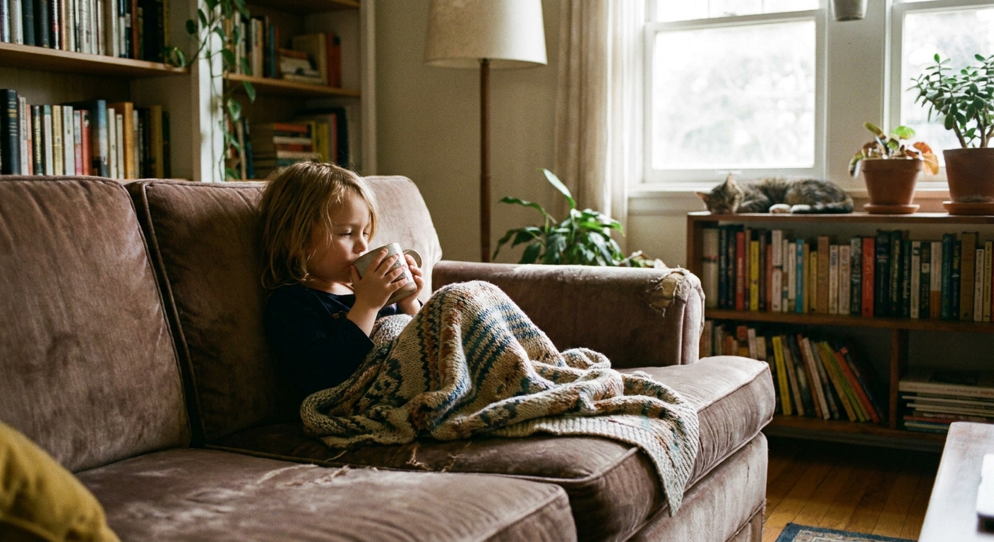 A realistic photo of a child resting on a sofa with a blanket while taking small sips of water from a cup, quiet home setting