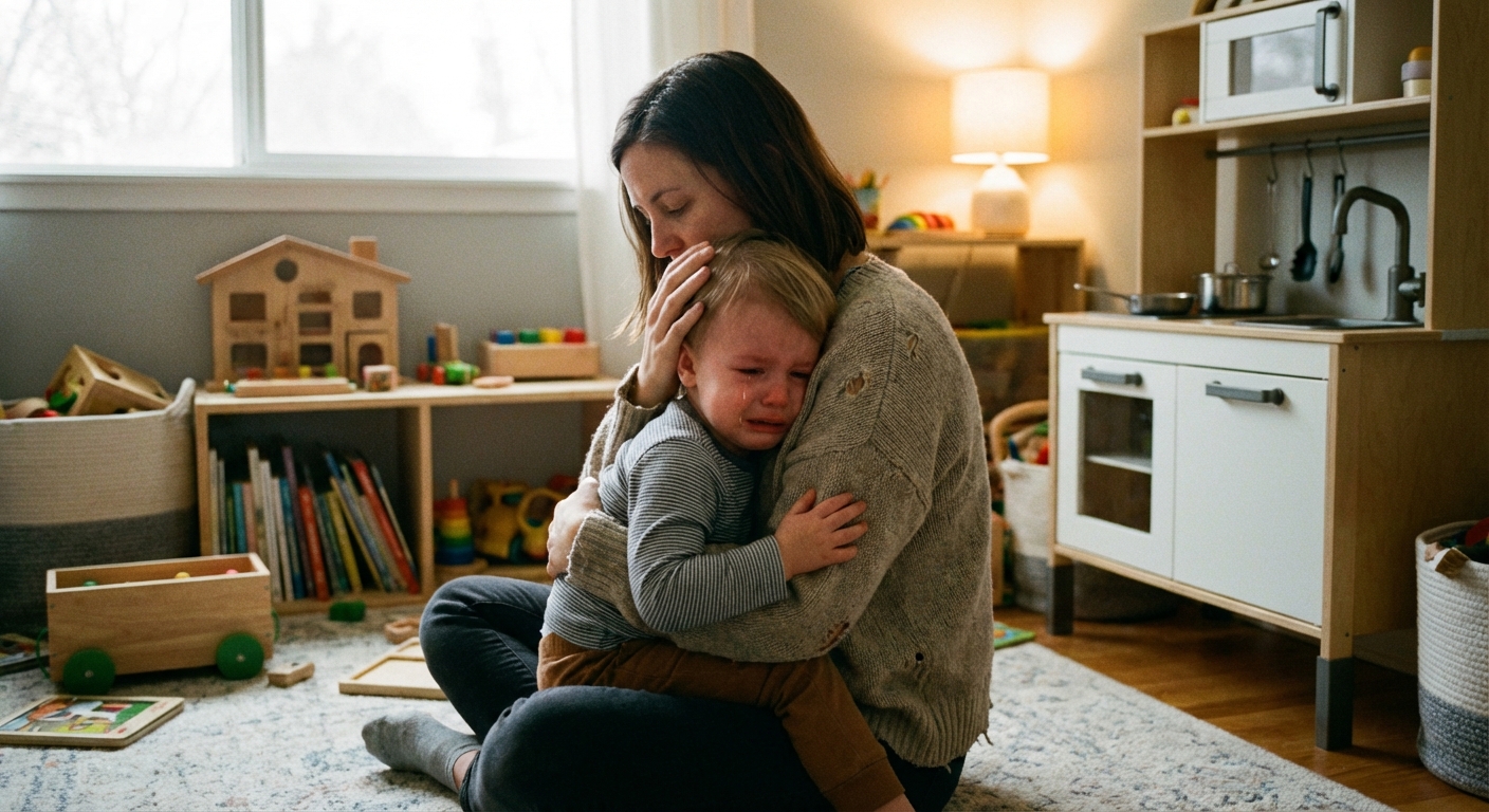 A realistic photo of a parent sitting on the floor holding a crying toddler in a gentle hug, both in a softly lit playroom with toys in the background