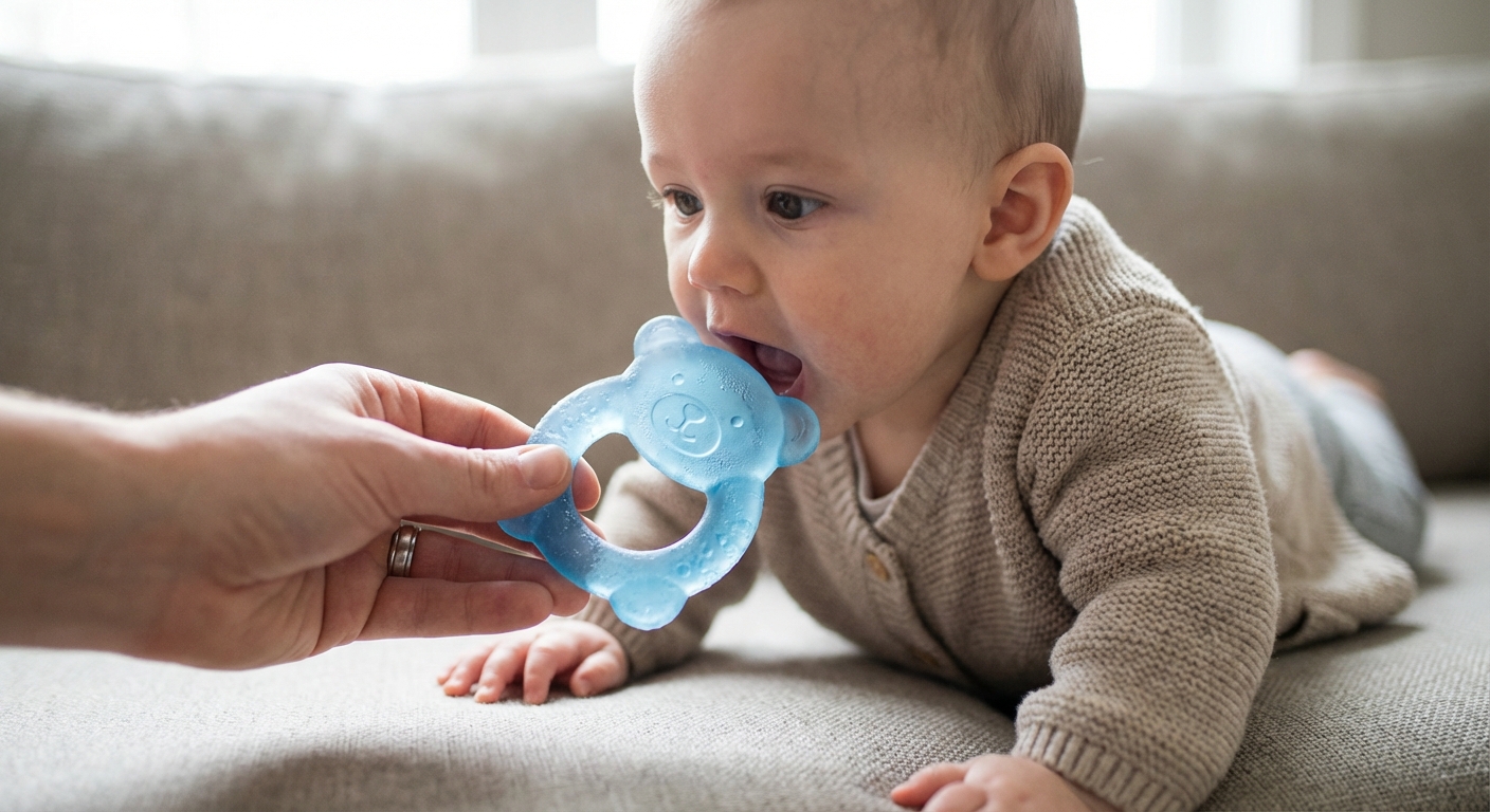 A realistic photo of a parent’s hand offering a chilled silicone teething ring to a baby sitting on a couch, with the baby leaning forward to chew it, soft natural light