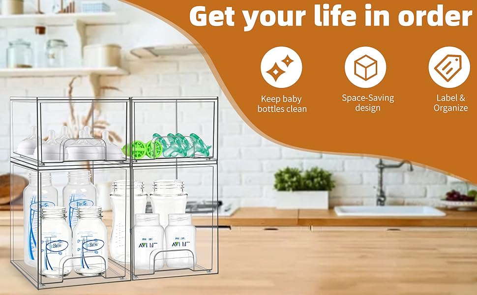 A realistic photo of a parent’s hands placing clean breast pump parts into a storage container on a kitchen counter, warm indoor lighting