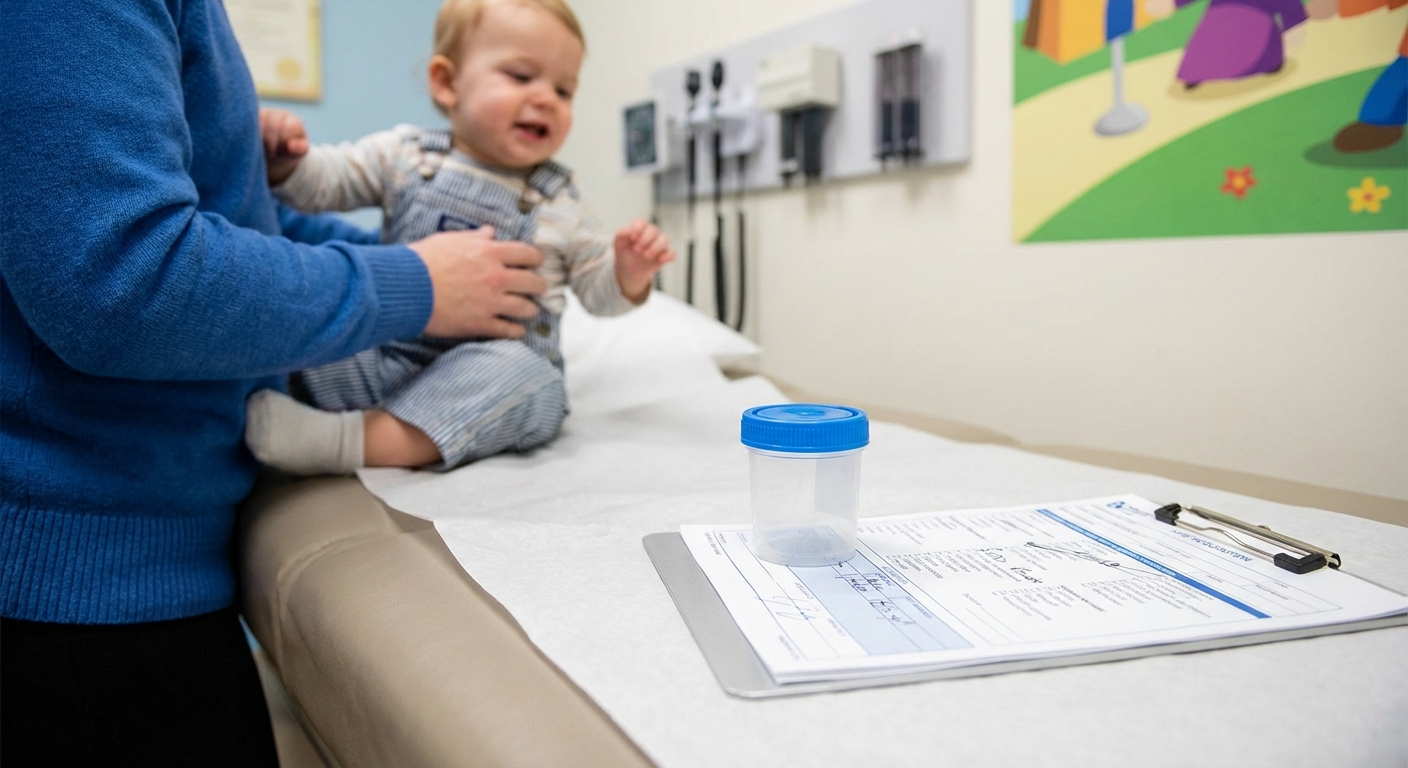 A realistic photo of a pediatric clinic exam room table with a sterile urine sample cup and lab requisition paper while a parent holds a toddler nearby out of focus, clean clinical lighting