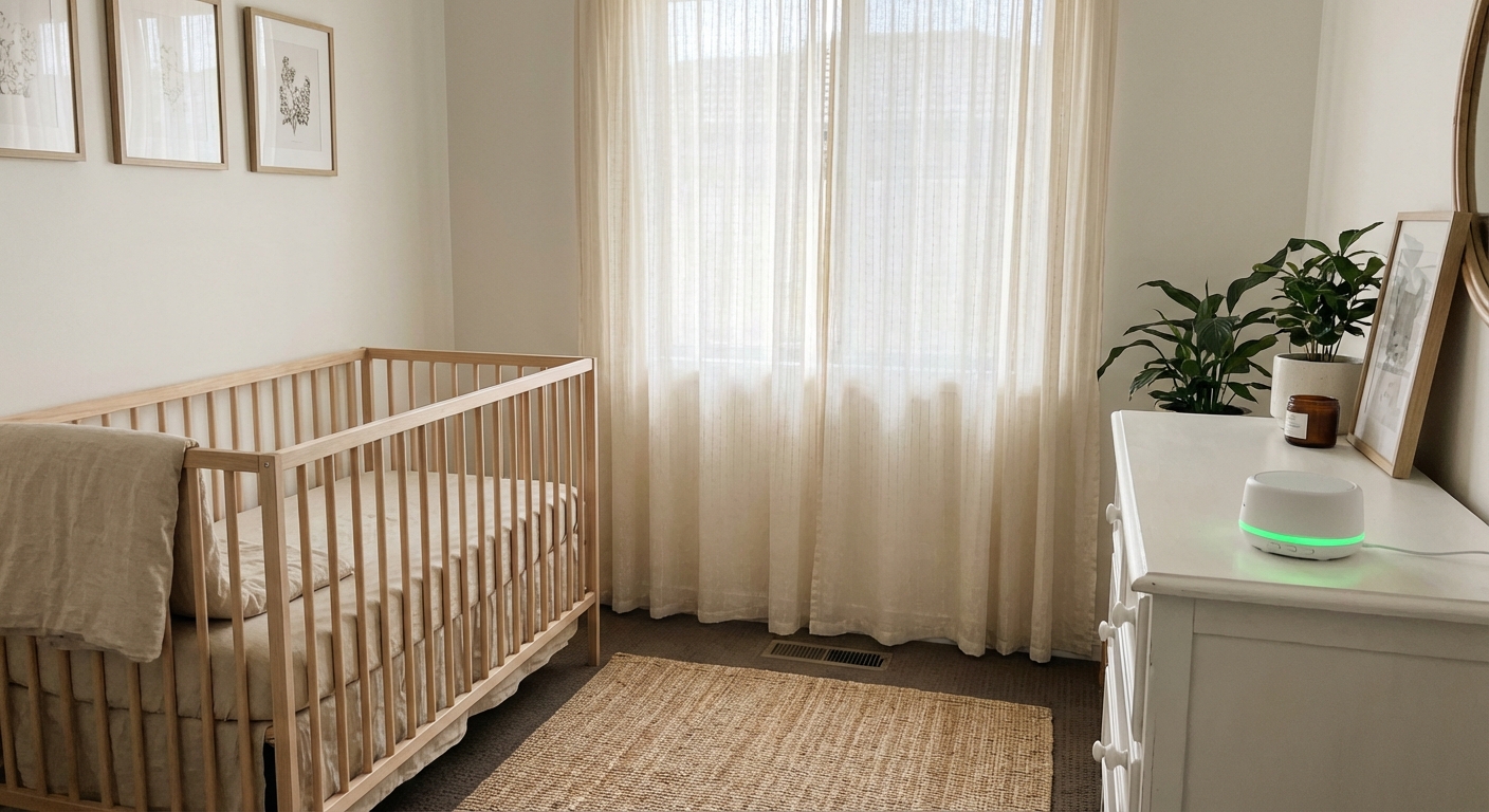 A realistic photo of a simple nursery with a crib against one wall and a white noise machine placed on a dresser across the room, daytime natural light through curtains, tidy and calm atmosphere