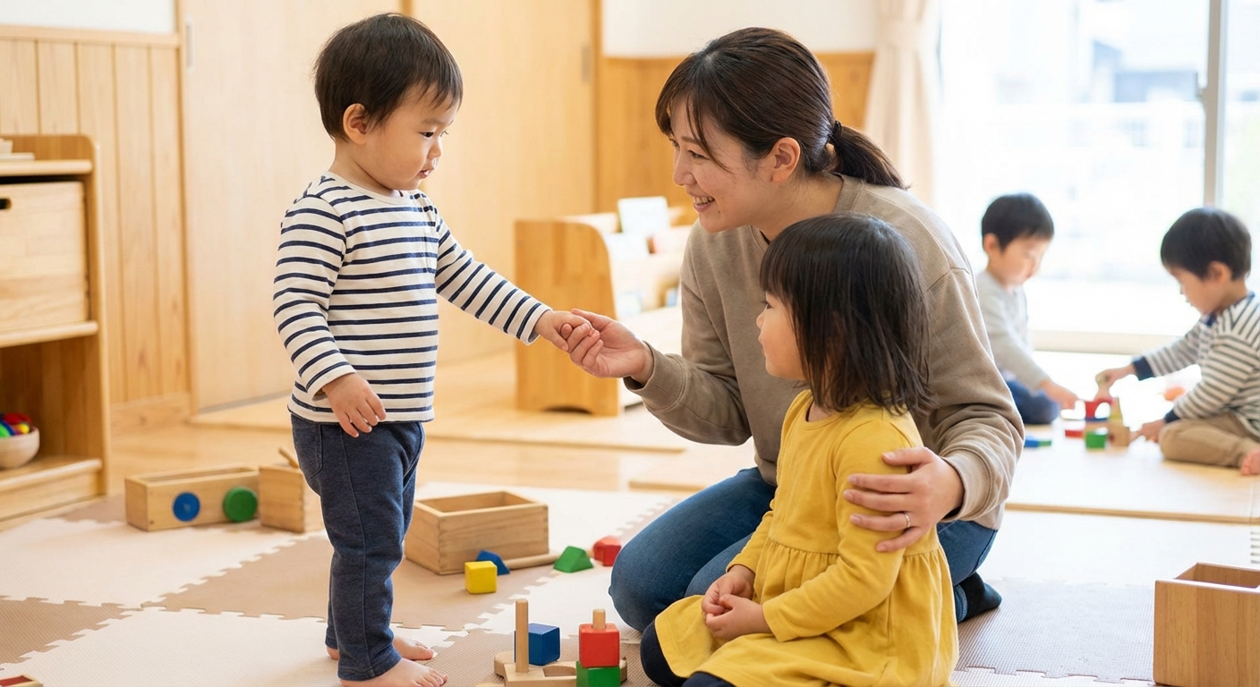 A realistic photo of a toddler gently touching another child’s arm with a parent nearby guiding the interaction, indoor daycare or playroom setting, candid lifestyle photography