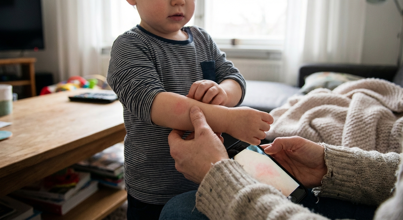 A realistic photograph of a parent gently holding a toddler’s forearm while taking a close-up picture of a mild skin rash with a smartphone, indoors with soft natural light