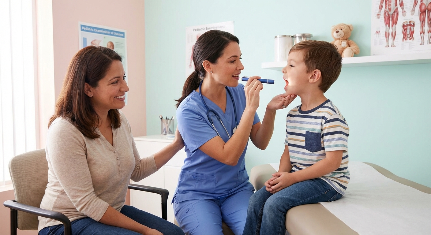 A realistic photograph of a pediatric clinician examining a school-aged child’s throat with a small flashlight in a bright exam room while a parent sits nearby, calm supportive atmosphere