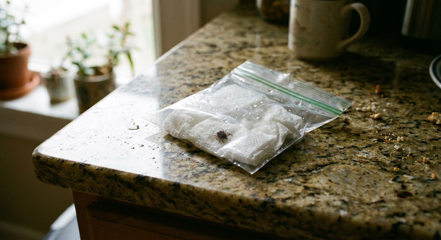 A realistic photograph of a small sealed plastic bag containing a tick on a piece of slightly damp paper towel resting on a kitchen countertop, natural light
