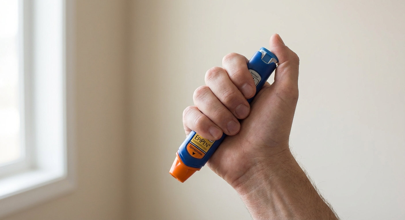 A realistic photograph of an adult hand holding an epinephrine auto-injector device against a neutral indoor background with soft natural light