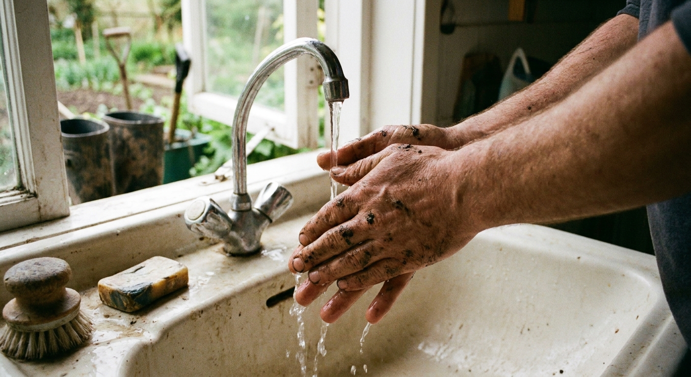 A realistic photograph of an adult washing hands under running water at a bathroom sink after outdoor activity, soft daylight