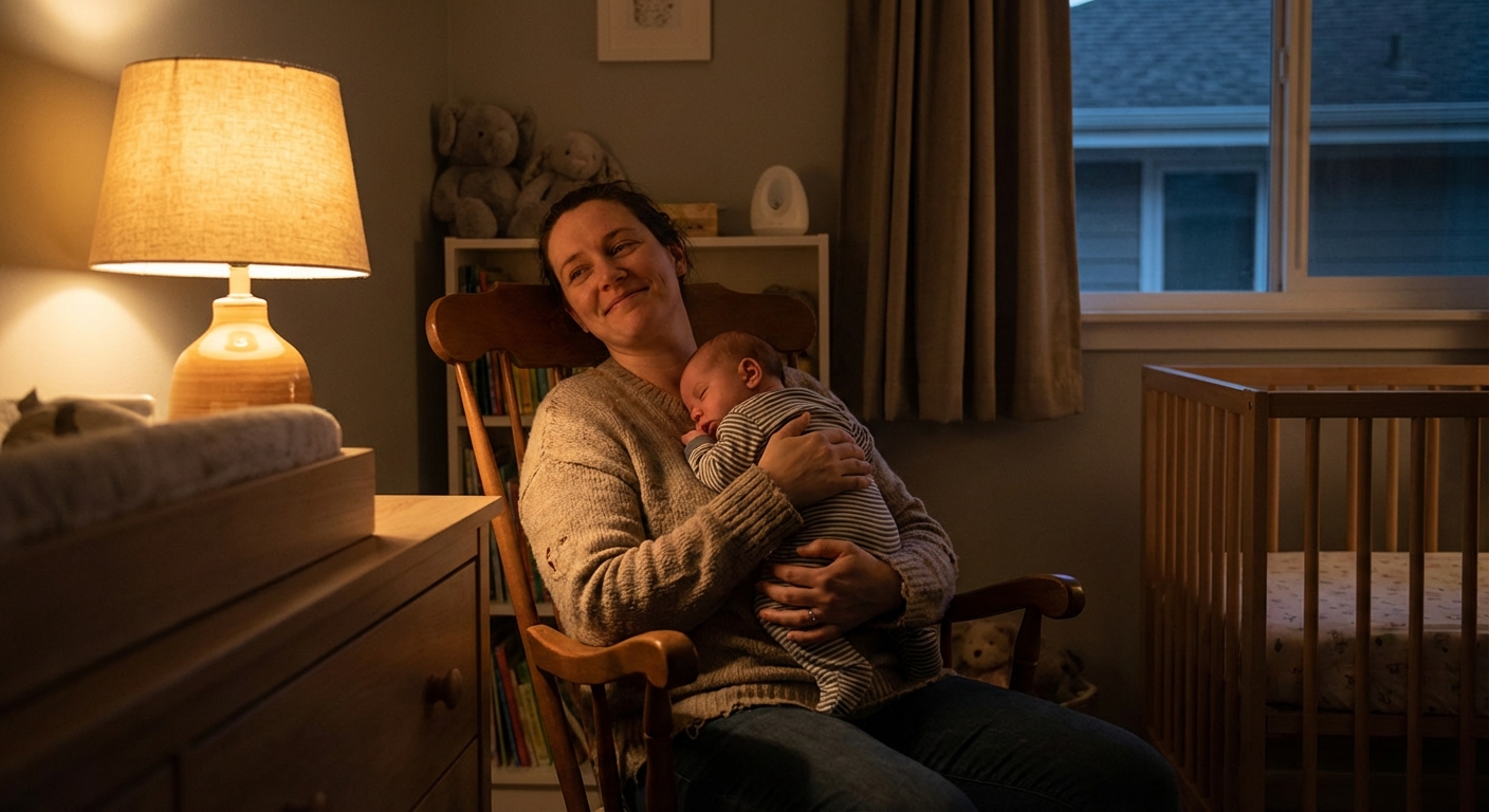 A relieved parent sitting in a rocking chair in a quiet nursery holding a sleeping four-month-old baby against their chest, soft warm lamp light, realistic lifestyle photo