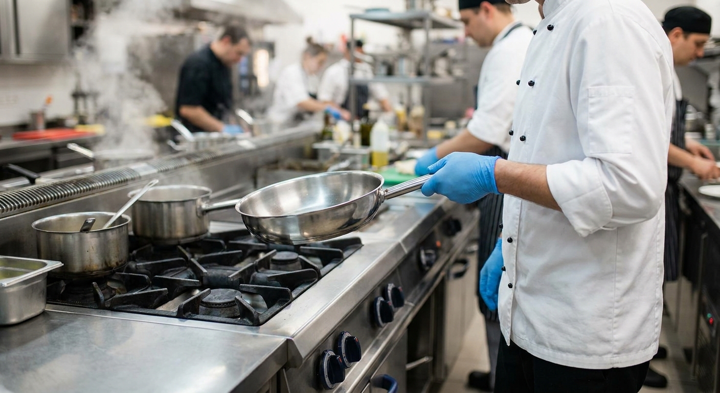 A restaurant cook wearing fresh gloves holding a clean stainless-steel pan near a stovetop in a busy kitchen