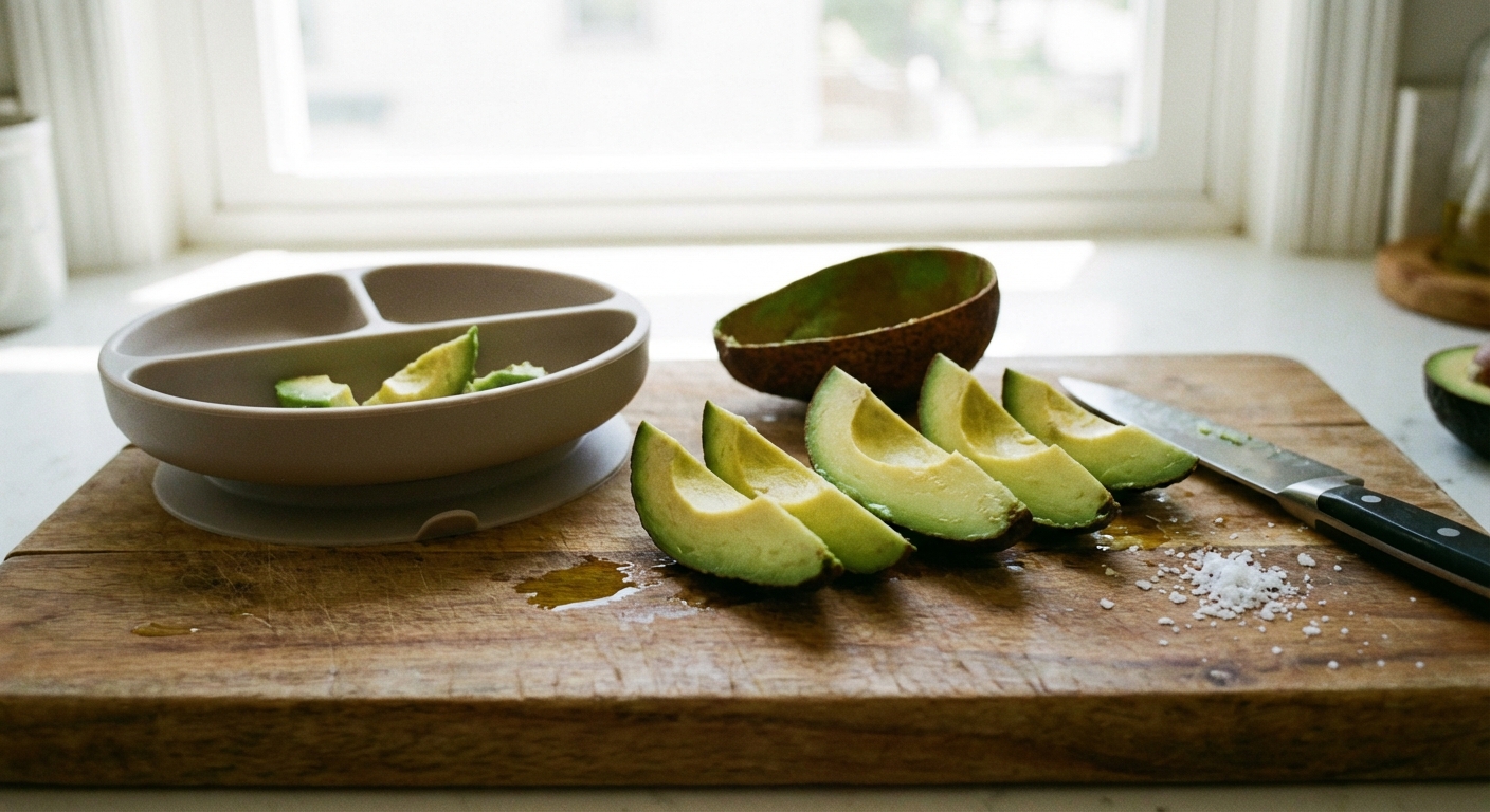 A ripe avocado cut into thick spears on a wooden cutting board with a small baby plate nearby, bright kitchen light, realistic food photography