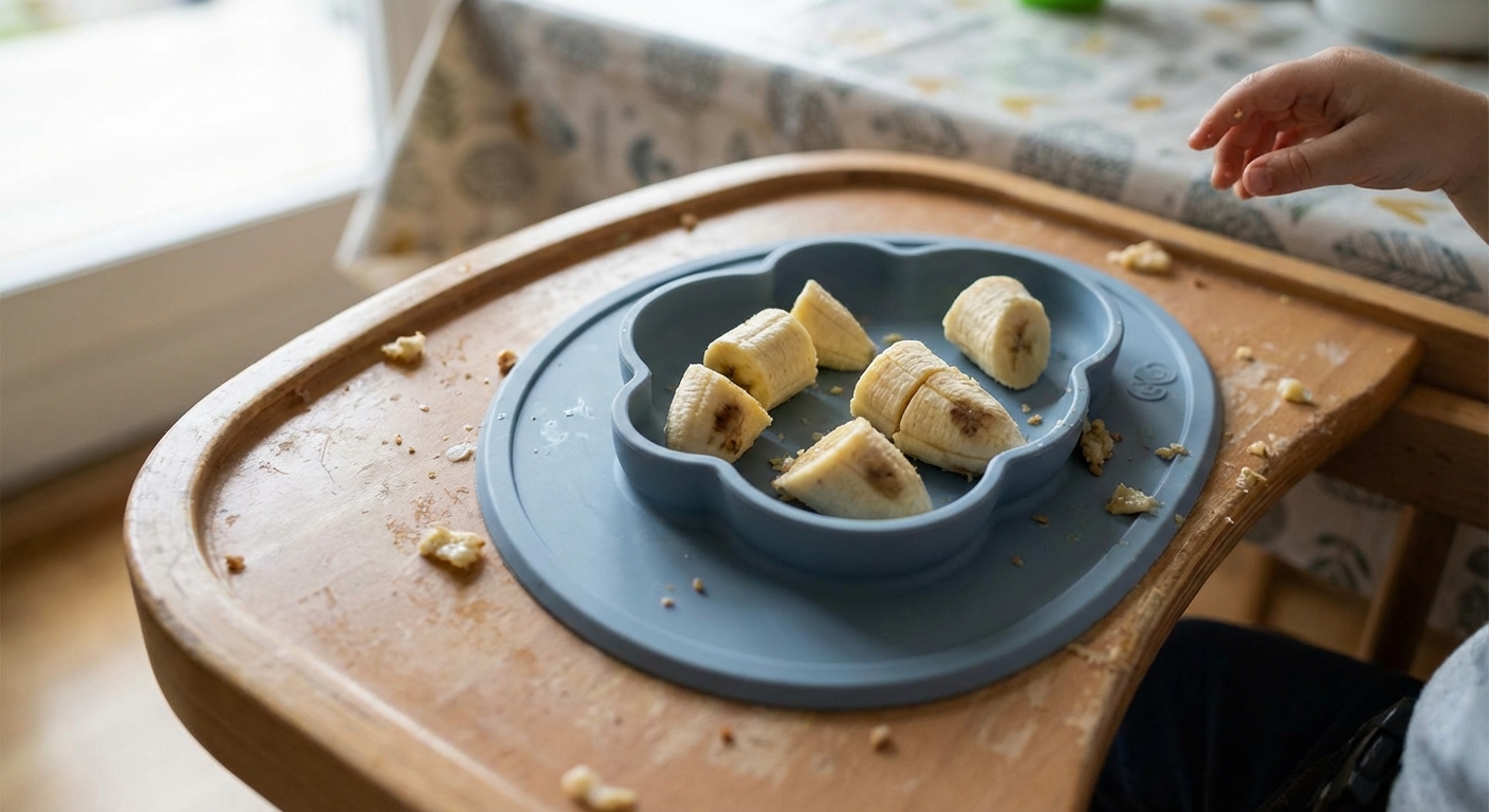 A ripe banana cut into thick spears on a small silicone baby plate on a high chair tray, natural daylight, candid home photo