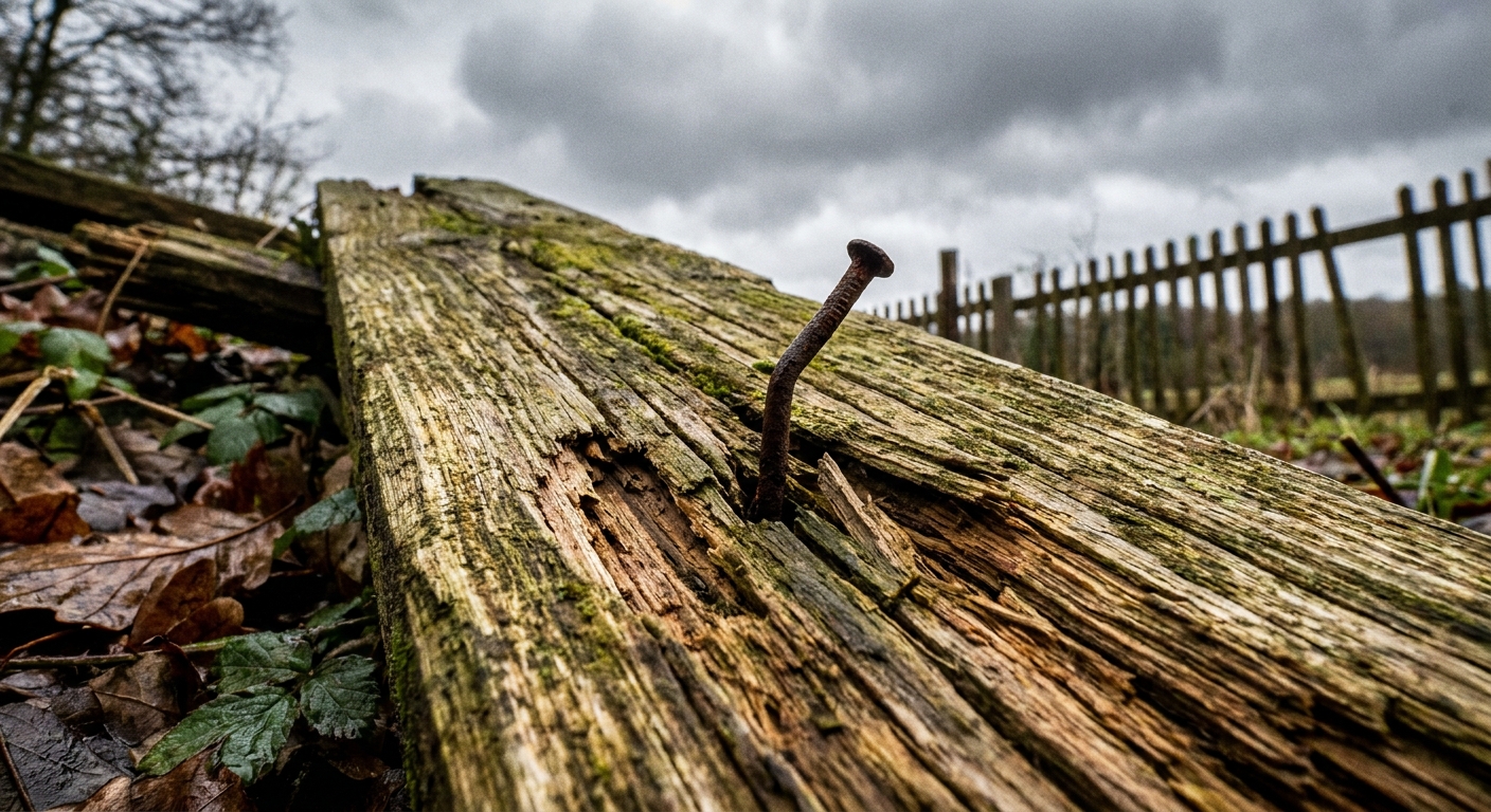 A rusty nail sticking out of a weathered wooden board outdoors on a cloudy day, realistic photo