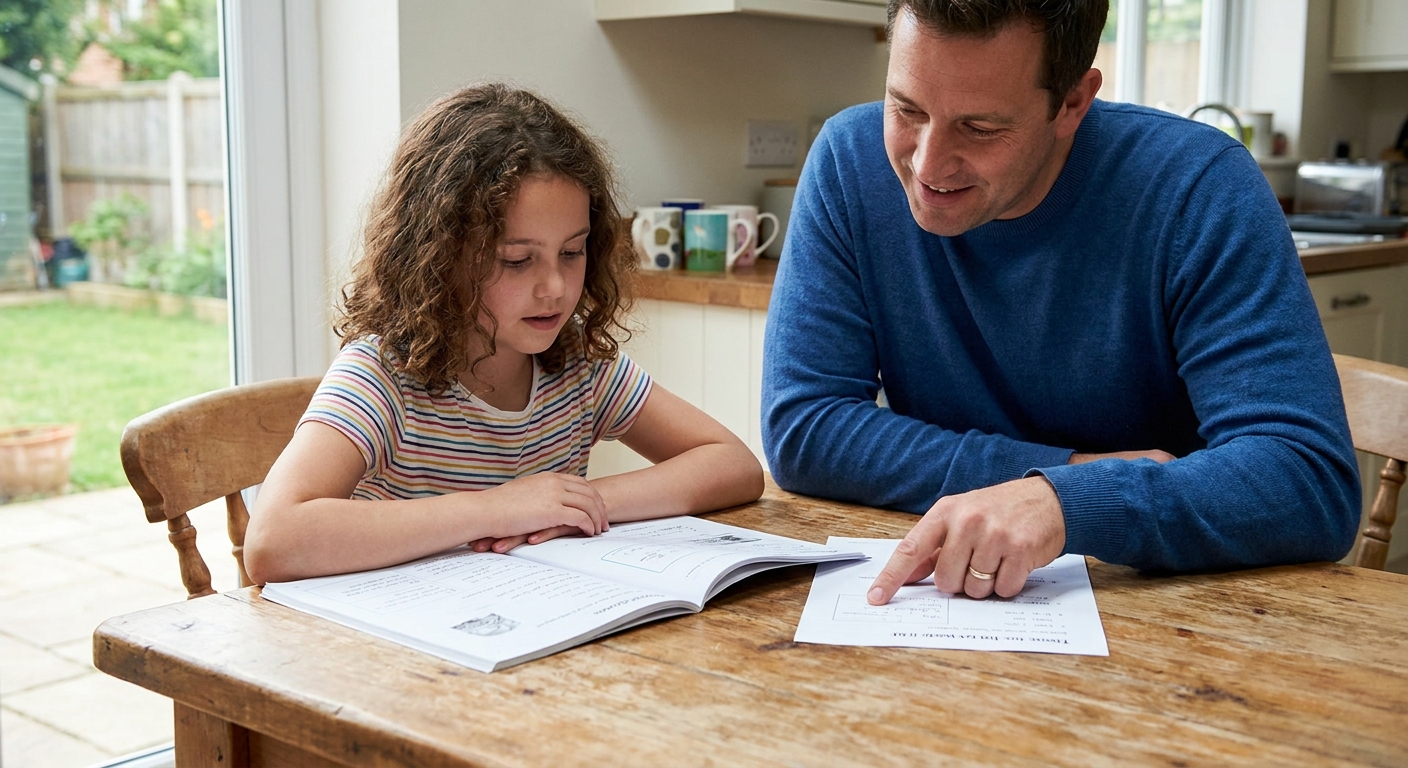 A school-age child doing homework at a quiet kitchen table while a parent points to written instructions on a worksheet, realistic family photo