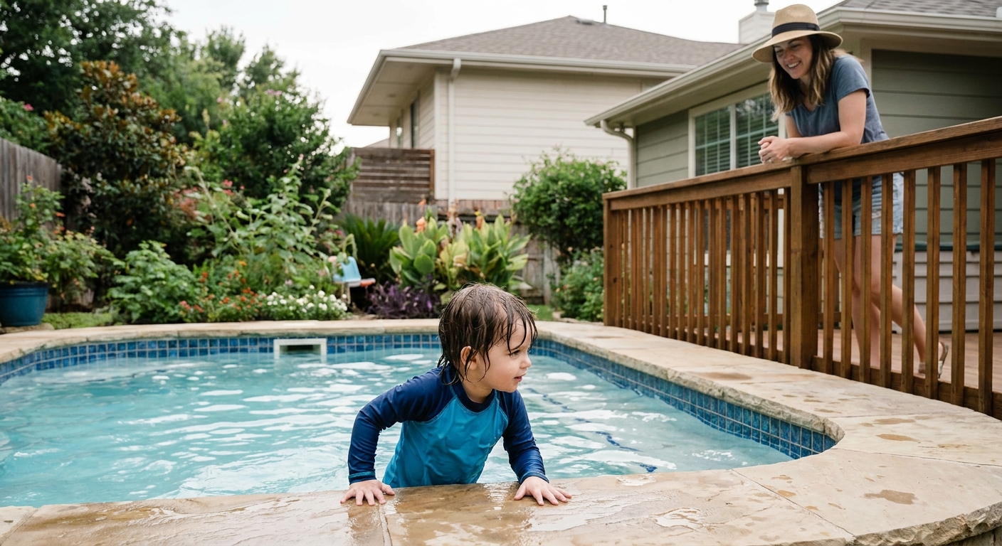 A school-age child in a backyard swimming pool with wet hair, holding onto the pool edge while a parent watches closely from the deck, candid photo