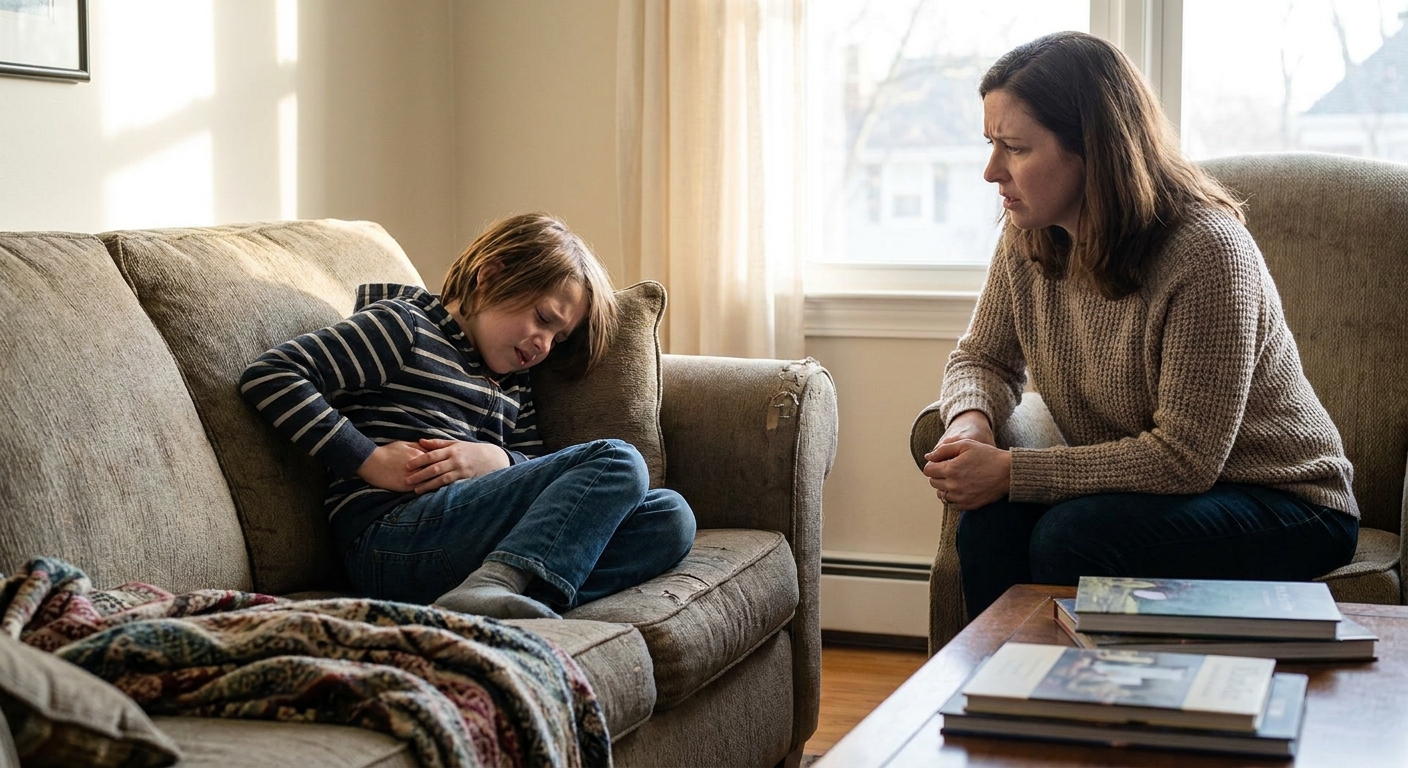 A school-age child lying curled up on a living room couch holding their lower right belly while a parent sits nearby looking concerned, natural indoor light, realistic photo