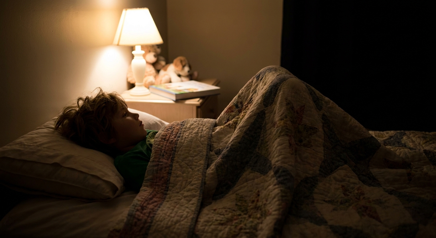 A school-age child lying in bed at night with a blanket over their legs, knees slightly bent as if fidgeting, captured in a calm dim bedroom scene