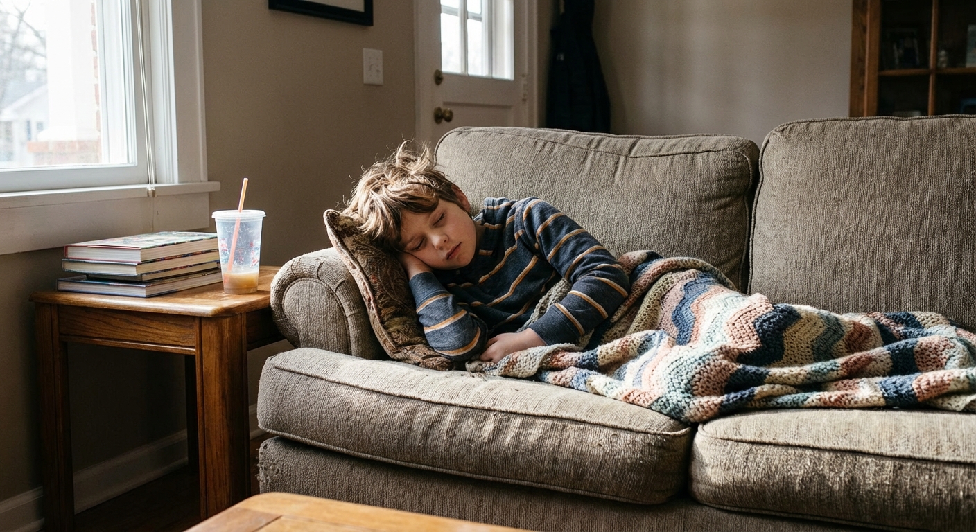 A school-age child resting on a couch under a light blanket with a water cup on a nearby table, realistic home photo