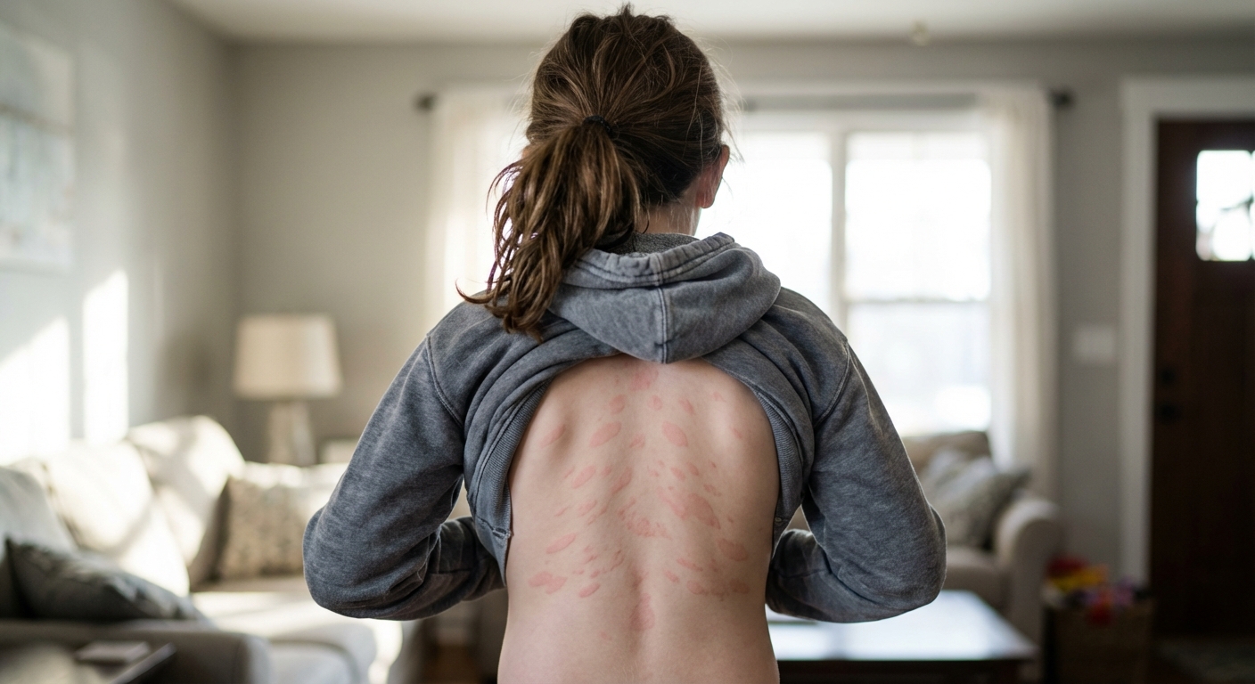 A school age child seen from behind with multiple small oval pink patches scattered on the back in a subtle Christmas tree pattern, natural indoor light, real photo