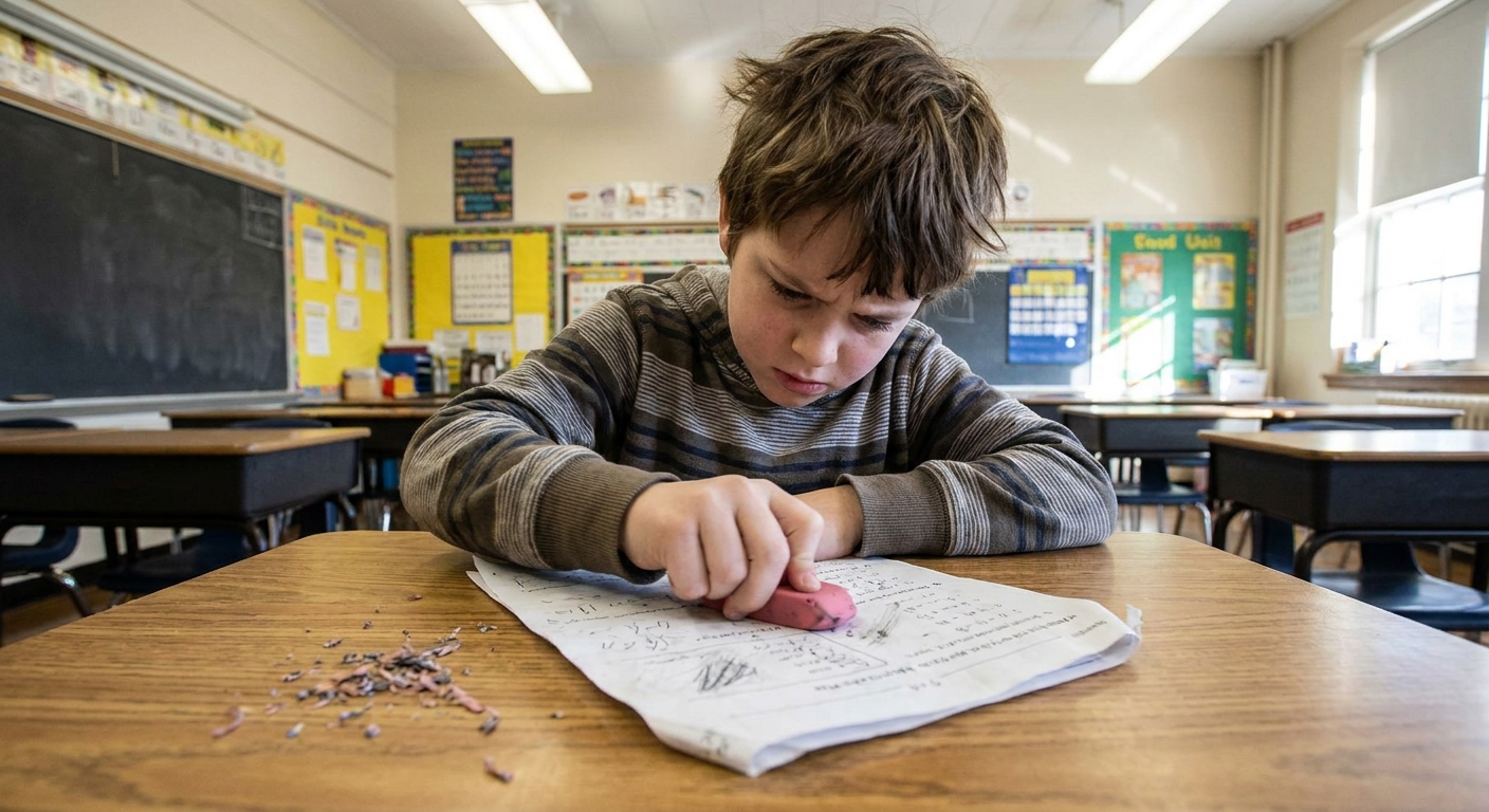 A school-age child sitting at a classroom desk repeatedly erasing a pencil worksheet, looking tense and focused, daytime classroom setting, real photo