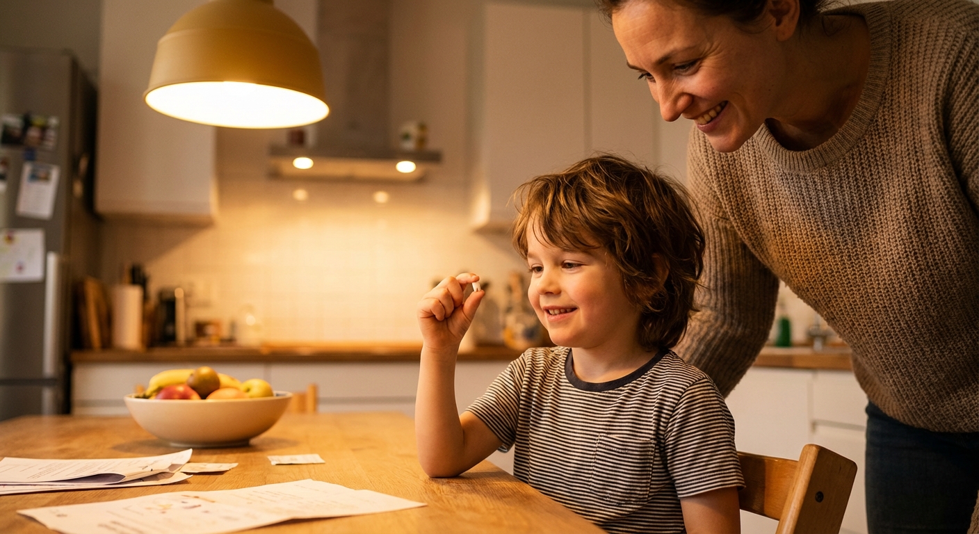 A school-age child sitting at a kitchen table holding a tiny baby tooth between their fingers, with a parent nearby, warm indoor lighting, candid family photo style