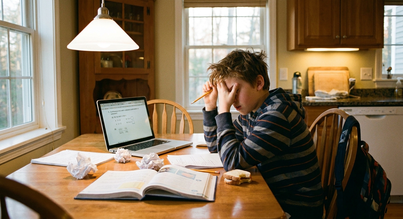 A school-age child sitting at a kitchen table with homework open, looking stuck and frustrated while holding a pencil, evening home setting, real photo