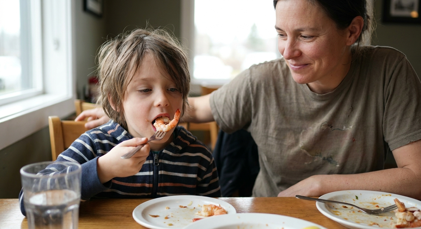 A school-age child sitting at a restaurant table while a parent gently watches them eat a small bite of shrimp, candid real-life photograph