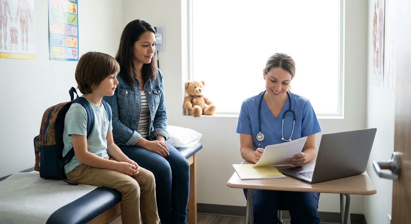 A school-age child sitting next to a parent in a pediatric clinic exam room while a clinician reviews notes, calm documentary-style photograph