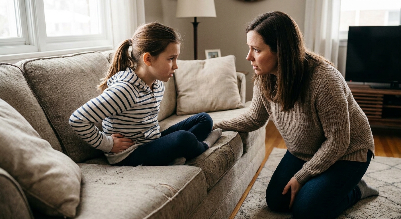 A school-age child sitting on a couch at home holding their side near the lower ribs with a worried expression while a parent kneels nearby, natural indoor light, realistic photo