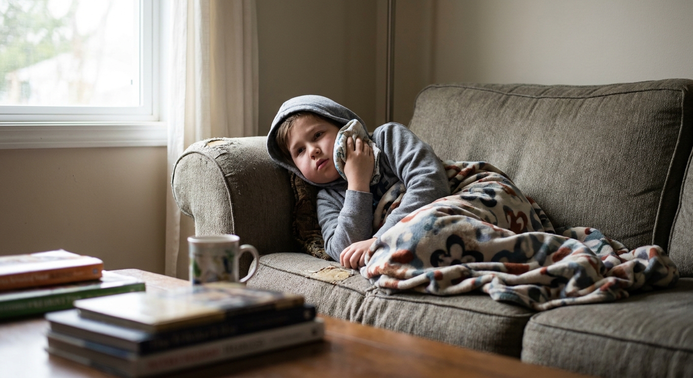 A school-age child sitting on a couch at home with visible swelling near the jawline and cheeks, resting with a blanket, natural window light, realistic photo