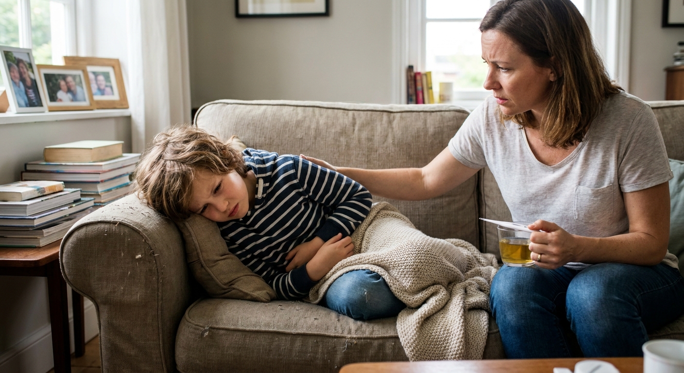 A school-age child sitting on a couch holding their stomach while a parent sits nearby