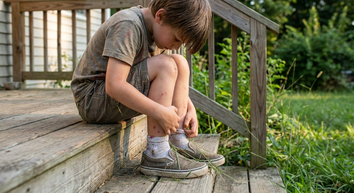 A school-age child sitting on a porch step gently scratching red, itchy bumps around the ankles after playing in tall grass, natural outdoor lighting, real-life photograph