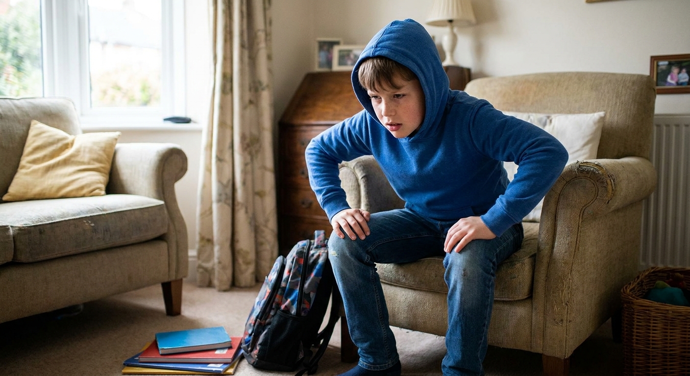 A school-age child sitting upright and leaning forward with hands on knees as if trying to breathe more easily, realistic indoor photograph