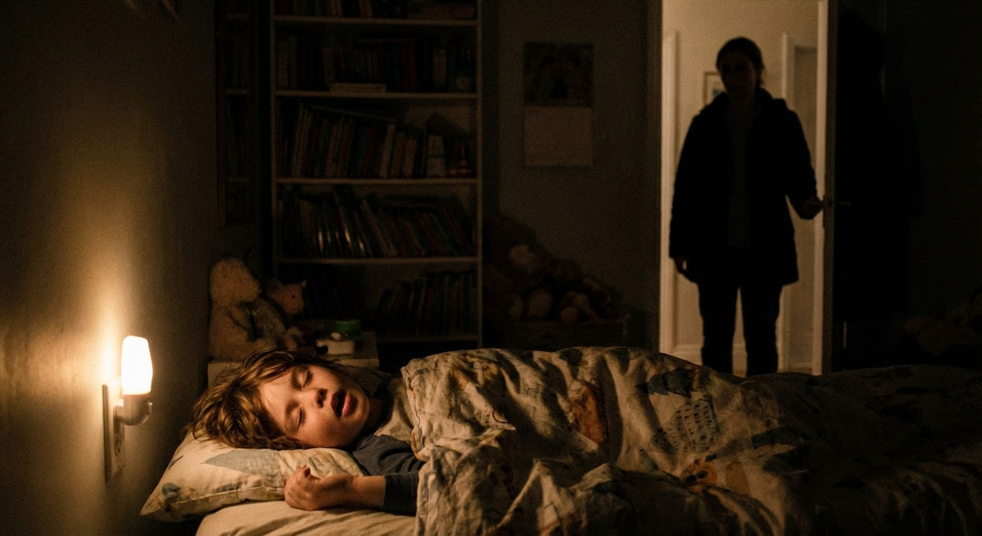 A school-age child sleeping on their back in a dim bedroom with a nightlight, mouth slightly open, parent standing in the doorway watching quietly, realistic low-light photo