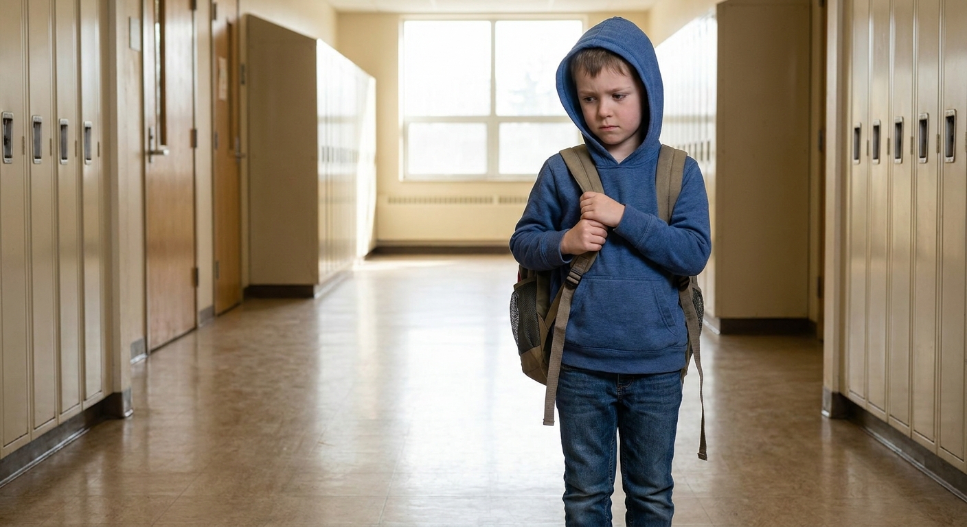 A school-age child standing in a quiet elementary school hallway holding a backpack strap tightly, looking worried and distracted, natural indoor lighting, real life photo