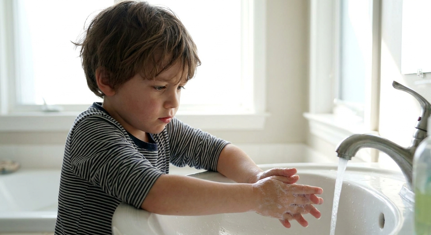 A school-age child washing hands at a bathroom sink with a worried expression, natural indoor light, realistic photo