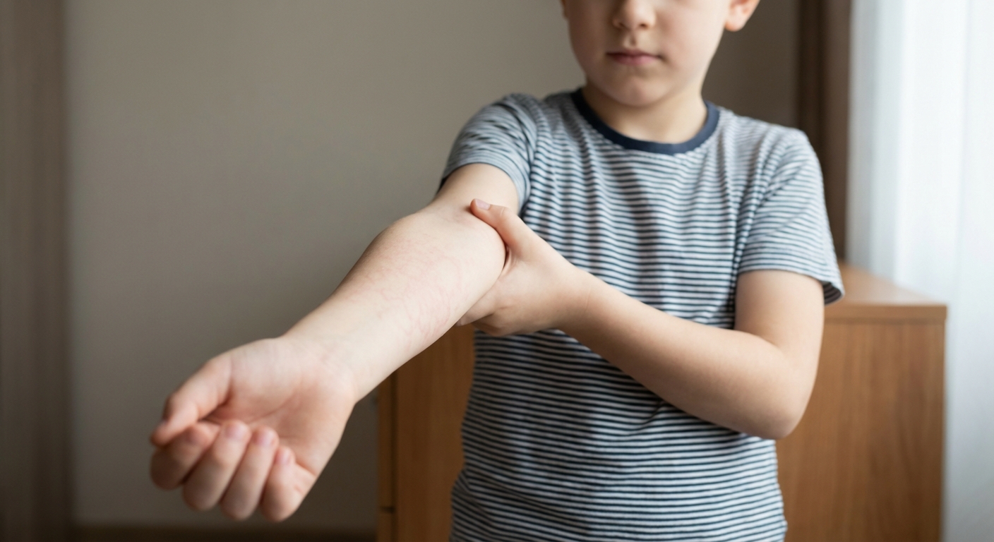 A school-aged child holding their forearm out toward the camera with a faint pink lacy rash pattern visible on the skin, neutral indoor background, natural light