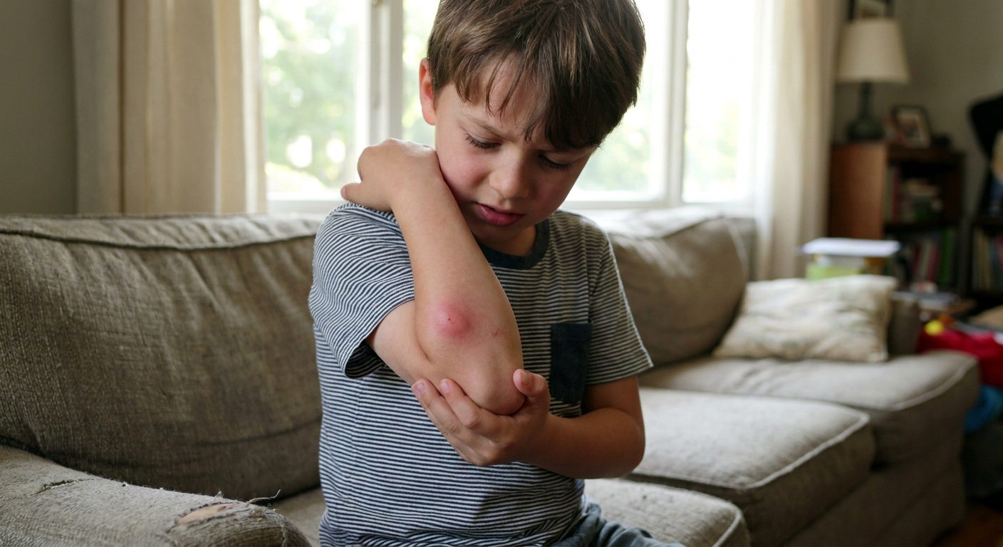 A school-aged child holding their forearm with a large swollen red mosquito bite near the elbow in soft indoor light, real-life photo