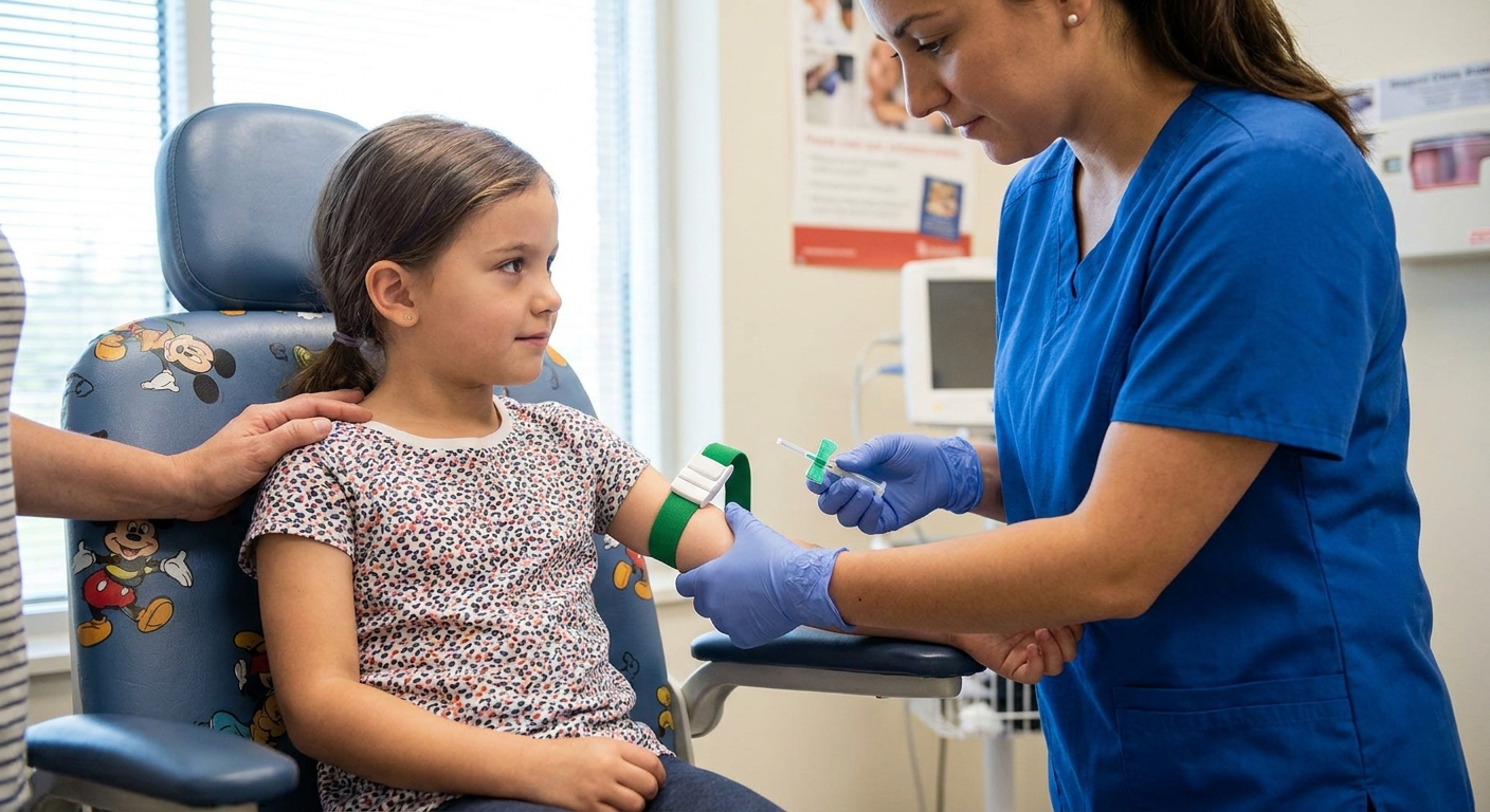 A school-aged child sitting calmly in a pediatric clinic chair while a nurse prepares a small blood draw from the child’s arm, real-life medical photography style