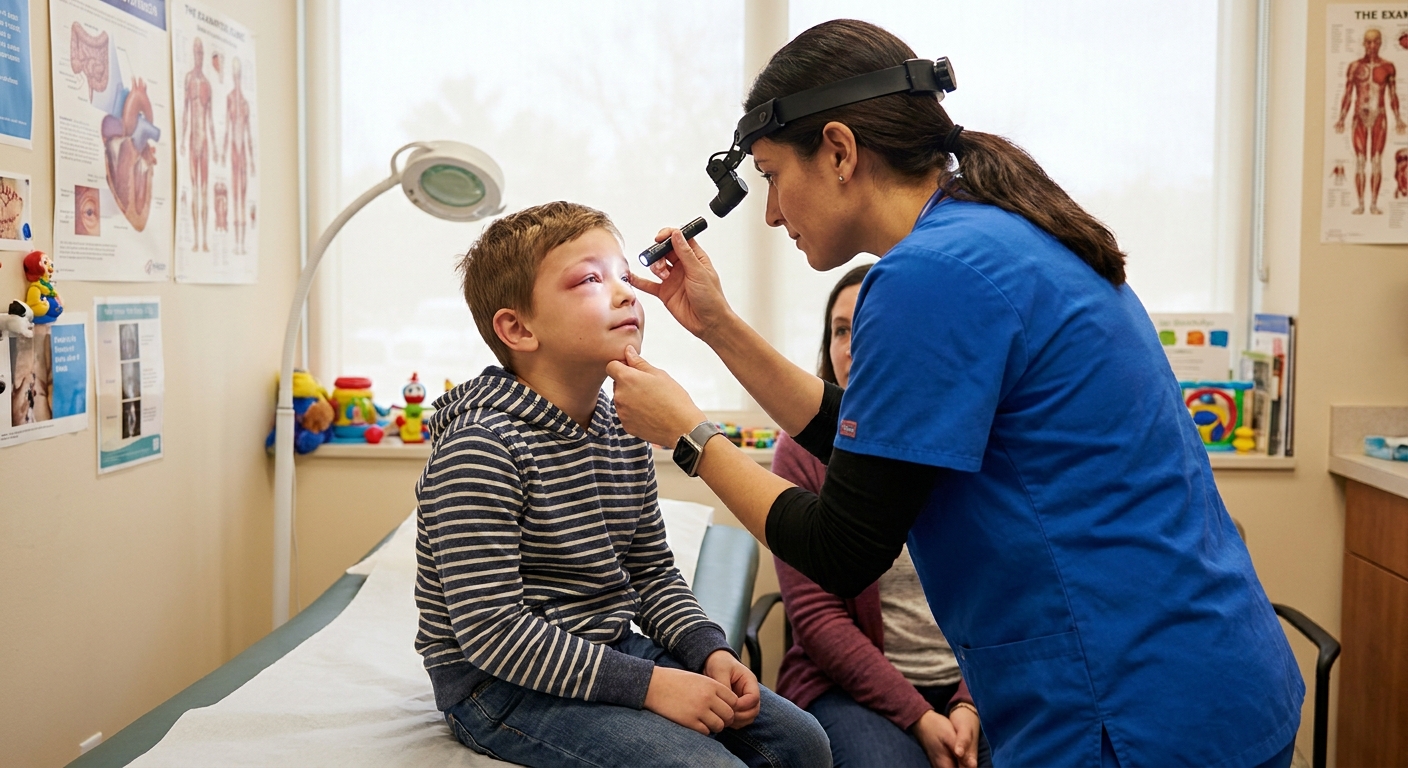 A school-aged child sitting in a pediatric clinic exam room with one upper eyelid visibly swollen and pink while a clinician gently examines the area, natural photojournalistic lighting