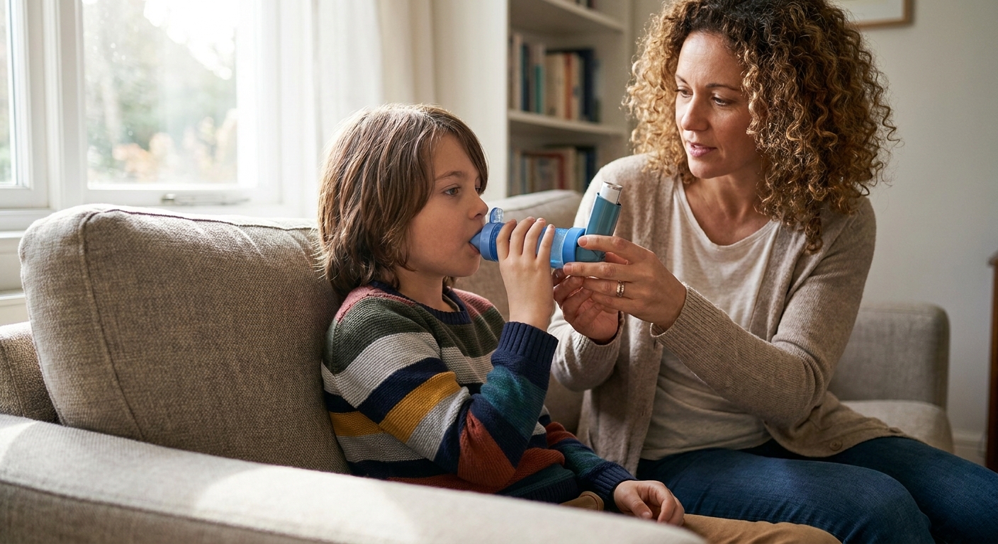 A school-aged child sitting on a couch using a metered-dose inhaler with a spacer, parent nearby supervising, natural indoor light