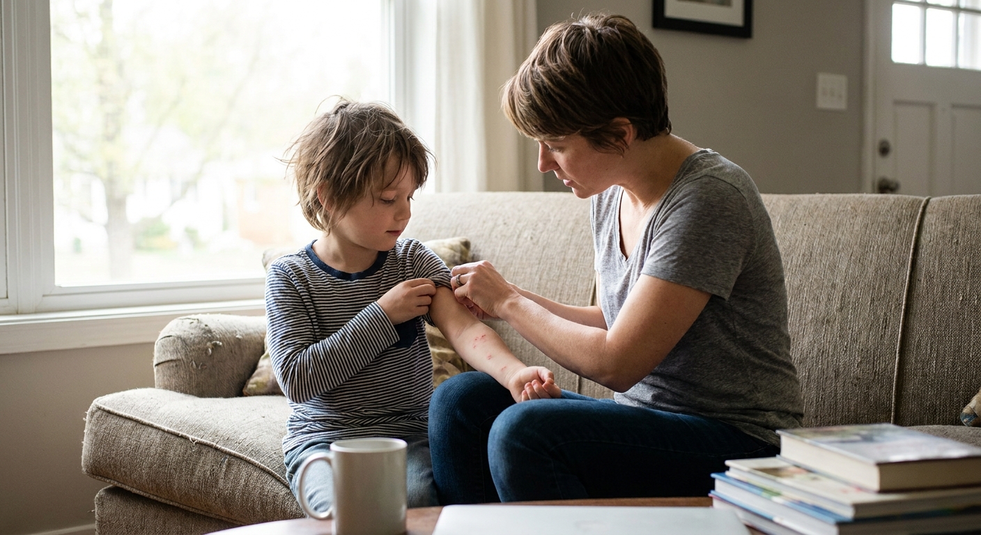 A school-aged child sitting on a couch while a parent gently examines a red rash on the child’s forearm in natural window light, realistic photo