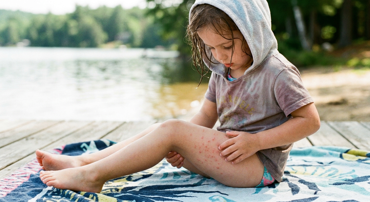 A school-aged child sitting on a towel outdoors after swimming, gently scratching small red bumps on the upper thigh near the swimsuit line, natural candid photo